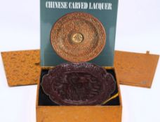 A Chinese cinnabar lacquer dish: with barbed rim and brass mounted rim and footrim,