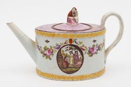 A late 18th/early 19th Century pearlware teapot and cover: of silver shape with widow finial,