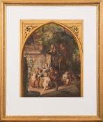European School 19th Century-
Children and an artist on a grand stone doorstep;