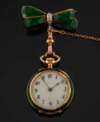 A lady's green enamelled and rose diamond mounted fob watch: with floral spray inset with rose