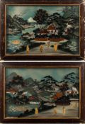 A pair of late 19th century Japanese reverse paintings on glass: depicting village scenes having