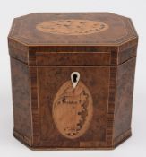 A George III burr wood and inlaid tea caddy: of rectangular form with canted corners,