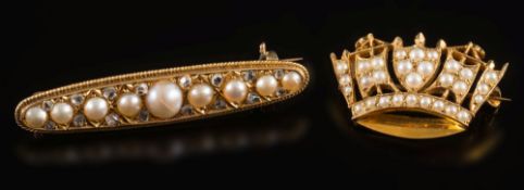 A 19th century gold, seed pearl and rose diamond bar brooch and a Naval crown seed pearl brooch:.
