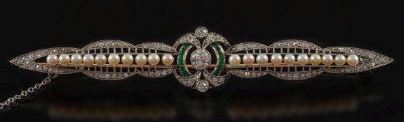 A Belle Epoque diamond, cultured pearl and emerald bar brooch: with central,