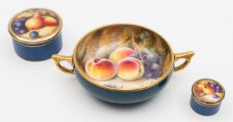 A small group of Royal Worcester porcelain: each painted with fruit on a mossy ground and with a