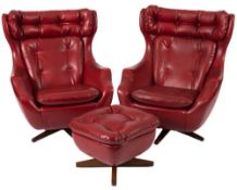 A pair of 1965  Parker Knoll Ambassador swivel and rocking armchairs and a matching stool:,