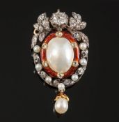 A 19th century enamelled gold, pearl and diamond pendant: with central,