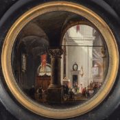 Attributed to Giovanni Migliara [1785-1837]-
Service in a chapel interior:-
reverse glass