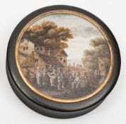 A 19th century tortoiseshell circular box and cover: the cover  painted with figures in a