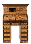 A 19th Century Japanese parquetry cylinder fronted pedestal desk:,