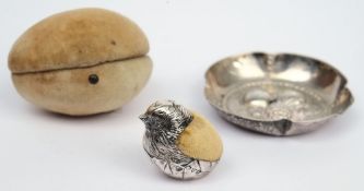 A George V silver mounted novelty pin cushion in the form of a chick, maker Sampson Mordan & Co,