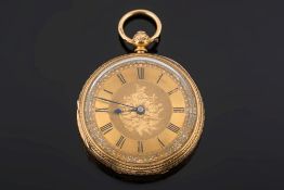 A lady's 18ct gold cased keywound openface pocket watch: the foliate engraved circular dial 36mm