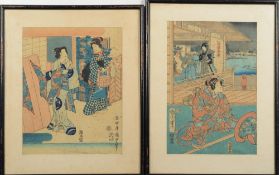 After Kunisada, a wood block print: depicting servant girls on household chores, 27 x 21cm,