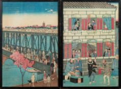 After Kunitora II - A Japanese wood block print: the first iron bridge, Yokohama, 35 x 23cm,