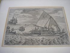 Copper engraving, subject Europeans attacking a native boat at sea, 215 x 150 mm, framed and glazed,