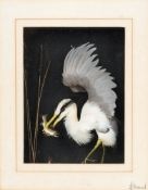 A hand made feather model of a heron with a trout in its beak:,  signed to lower right margin,