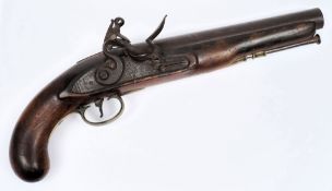A Georgian flintlock pistol:, the barrel stamped with crown above crossed swords proof marks,
