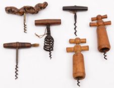 A straight pull corkscrew:, with rosewood turned handle and dusting brush, split helix,