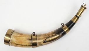 A Sykes patent powder horn:, the polished natural form cow horn with four brass mounts,