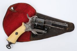 A 19th Century Belgian six shot pin fire revolver:, the engraved cylinder with leige proof marks,