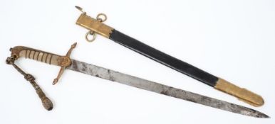 A George V Royal Navy Officer's Dirk:, the straight double edged blade with acid etched decoration,