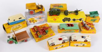 Dinky No 697 25-Pounder Field Gun Set, No 962 Dumper truck, No 27C Motocart,