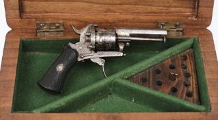 A small Belgian pin fire six shot revolver:, the 5cm octagonal steel frame with folding trigger,