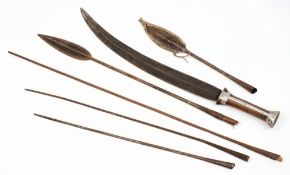 An East African Machette:, curbed double edge blade and aluminium mounted wood handle,