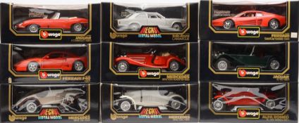 Ten Bburago 1:18 scale diecast vehicles:, to include Jaguar, Mercedes etc:, boxed.
