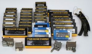 Graham Farish, a collection of N gauge locomotives:, rolling stock and track etc, mostly boxed.