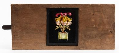 A 19th century Continental slip slide of a bush with caricatures of three men in military helmets:,