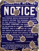 A North British Railway Company enamel sign:, locomotive act, 1861, notice,