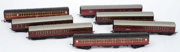 Seven LMS livery coaches:, various makers.