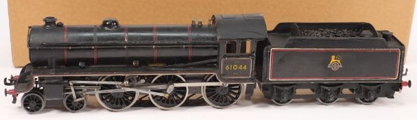 A scratchbuilt 3RE 4-6-0 locomotive No 61044 with six wheel tender in BR black livery:
