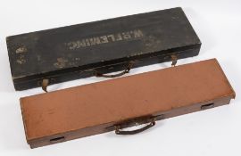 An oak and black leather gun case together with a brown leather gun case:.