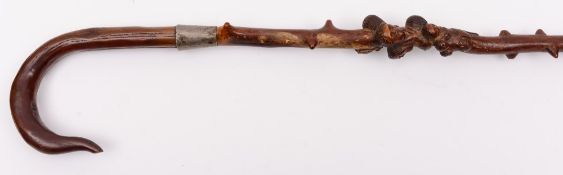 Of Crimea Interest - A carved wooden walking stick:, the silver tapering collar engraved 'Crimea,