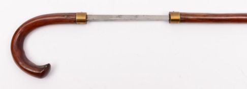 An early 20th Century stained wood shafted sword stick: the 76cm square tapering blade marked hole,