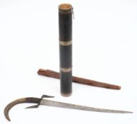 A bamboo dart quiver:, with metal mounts, together with an Eastern knife,