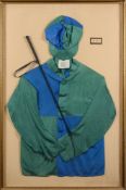 A set of green and blue racing silks, cap and whip for E B Glen:,