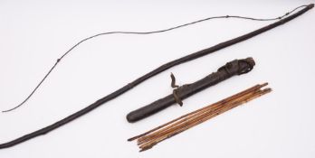 An African leather bound bow  together with leather bound  and iron tipped arrows:,