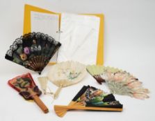 A Victorian mourning fan together with a collection of various later fans and a folder of reference