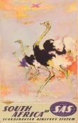 A Scandinavian Airlines System 'South Africa' poster:, showing a flock of ostriches, unframed,