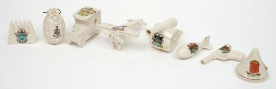 Eight World War One Period Crested models:, 'Model of a Revolver', Mills Bomb , ambulance,