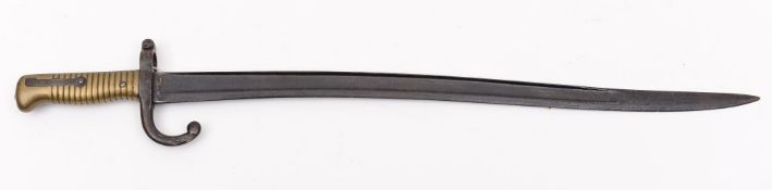A 19th Century French Chasse Pot bayonet:, having brass ribbed handle and hooked quillon,