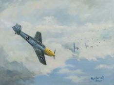 A group of five 20th century oil on canvas WWII dogfight and aircraft portraits:,