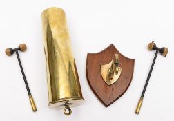 A Trench Art wall mounted dinner gong:, the 18 pr shell case dated 1918,