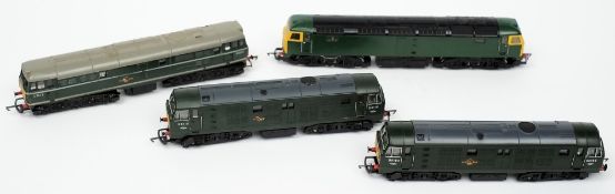 Four Hornby and Tri-ang Diesel locomotives in green BR livery, unboxed:.