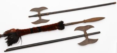 A 19th Century African tribal spear:, having double edge 32cm leaf blade,