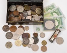 A collection of  GB and foreign coins and  three One Pound notes:.