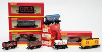 Seven various Hornby goods wagons in boxes, five loose wagons and an empty box:.